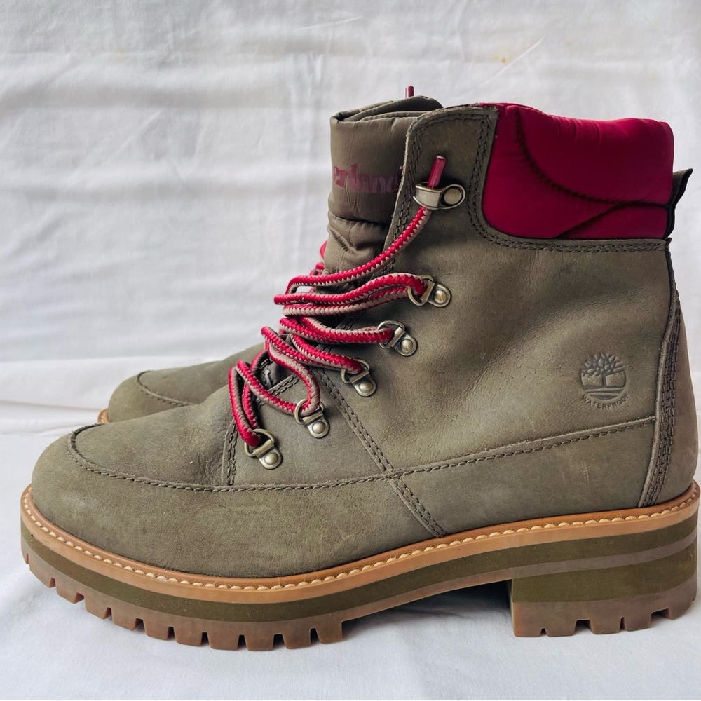 Timberland Womens Courmayeur Valley Leather Waterproof Hiker Boots Olive/Red 11